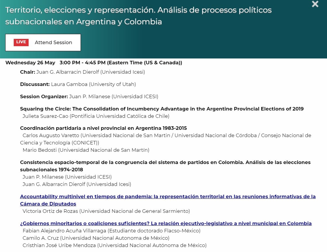 Panel GIPSAL-GOPSAL en Congreso LASA 2021 – Territorio, elecciones y representación. Análisis de los procesos políticos subnacionales en Argentina y Colombia.