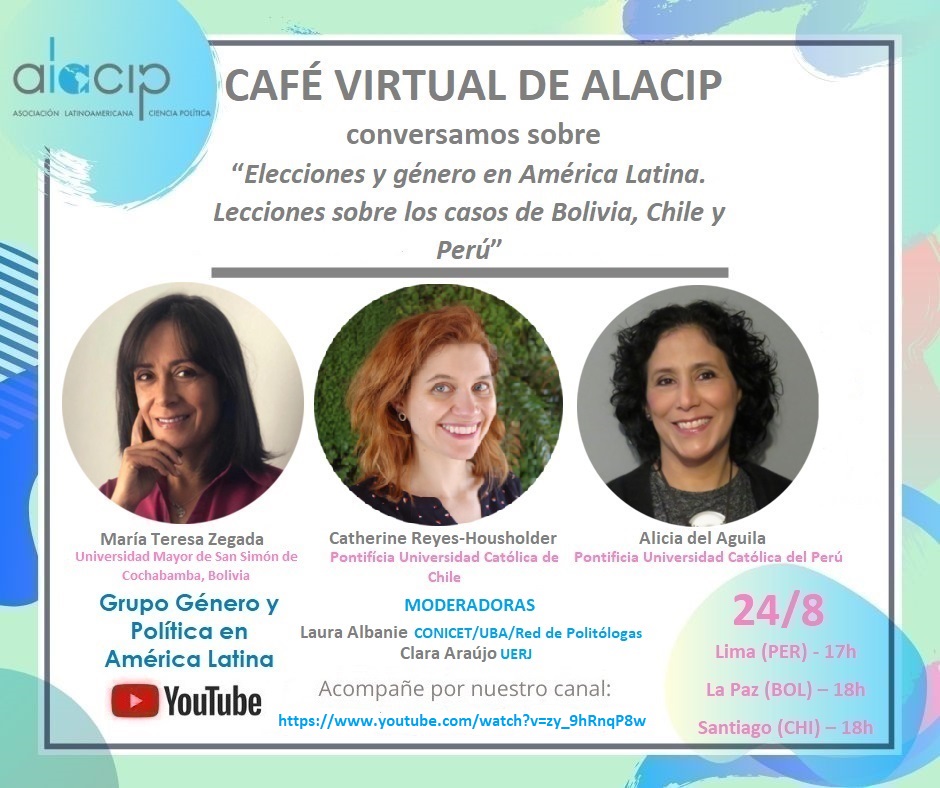 Café virtual ALACIP del Grupo de Género y Política: “Elecciones y género en América Latina. Lecciones sobre los casos de Bolivia, Chile y Perú” – Agosto 2021