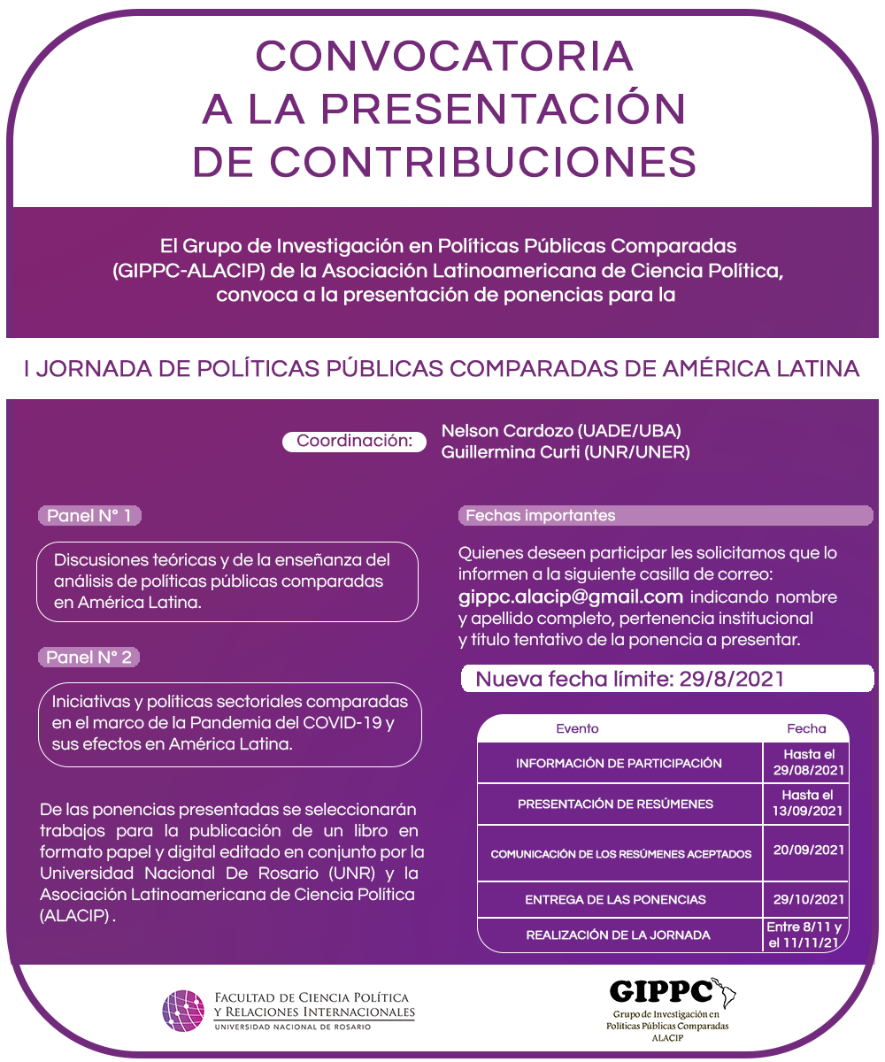 Convocatoria/Chamada: I Jornada de Políticas Públicas Comparadas de América Latina – Grupo de Políticas Públicas Comparadas GIPPC-ALACIP