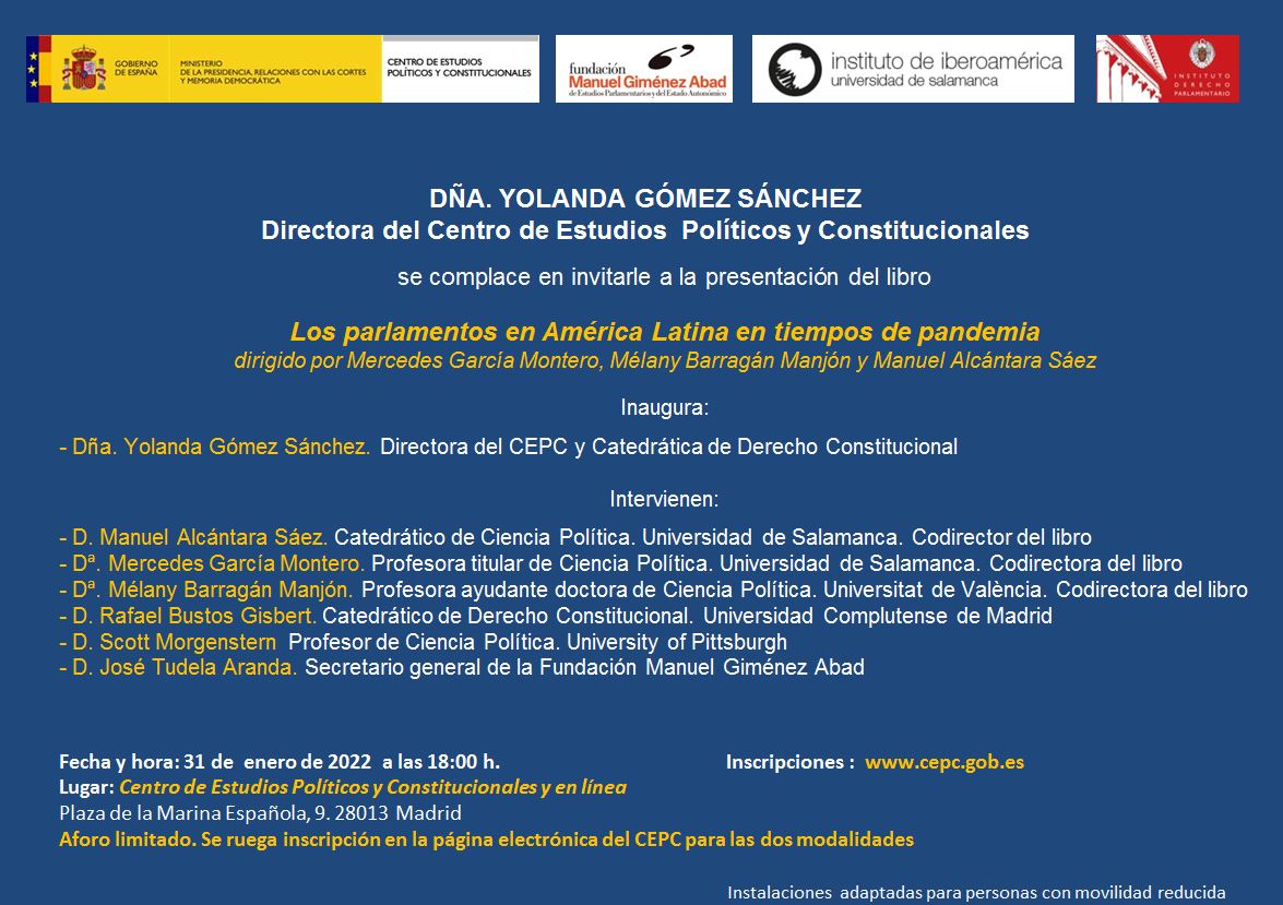 Evento de presentación del libro “Los parlamentos en América Latina en tiempos de pandemia” (Eds.: MONTERO, Mercedes García; BARRAGÁN, Mélany; SÁEZ, Manuel Alcántara)