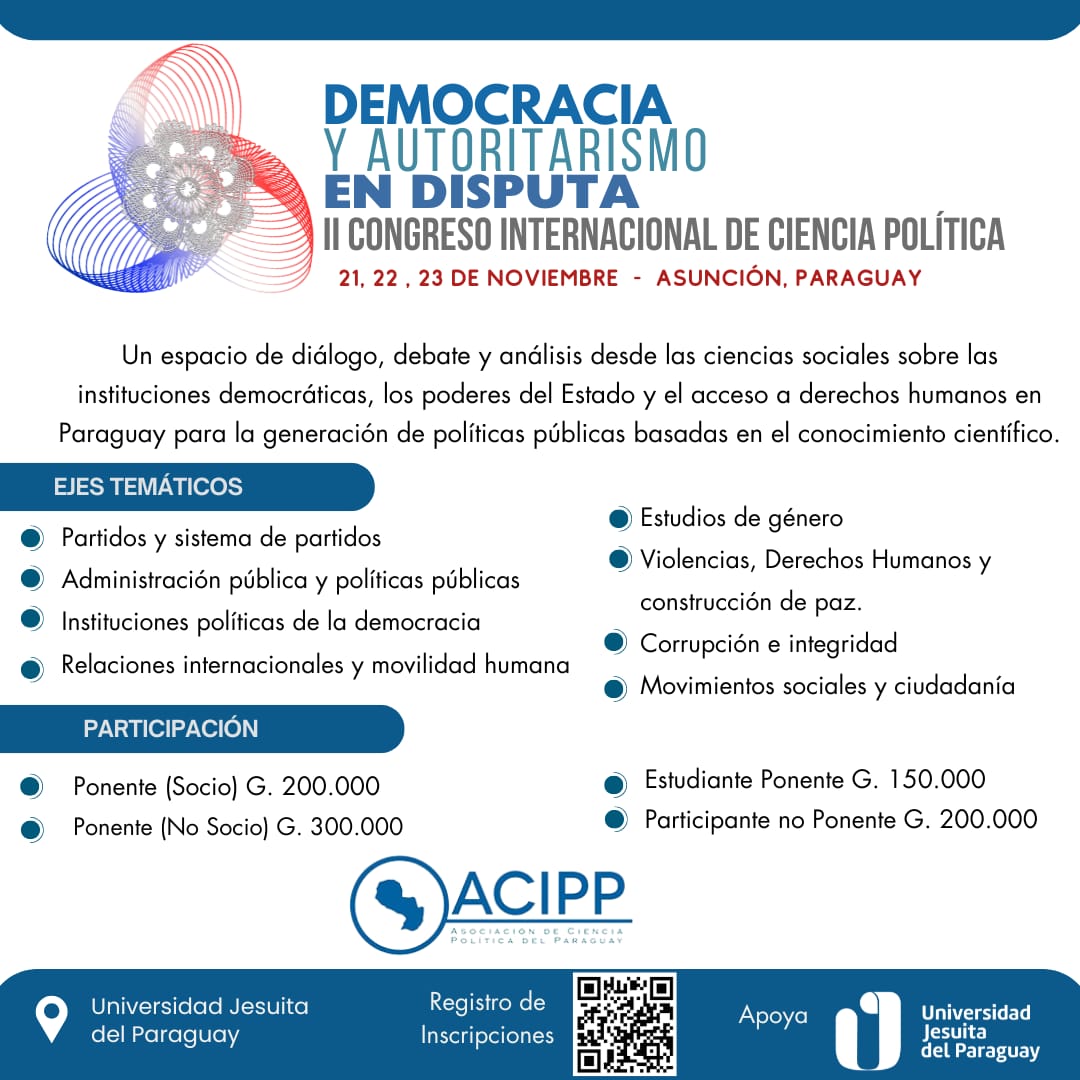 II Congreso Internacional de Ciencia Política “Democracia y Autoritarismo en Disputa” (Asociación de Ciencia Política del Paraguay / ACIPP) – Asunción, Universidad Jesuita del Paraguay