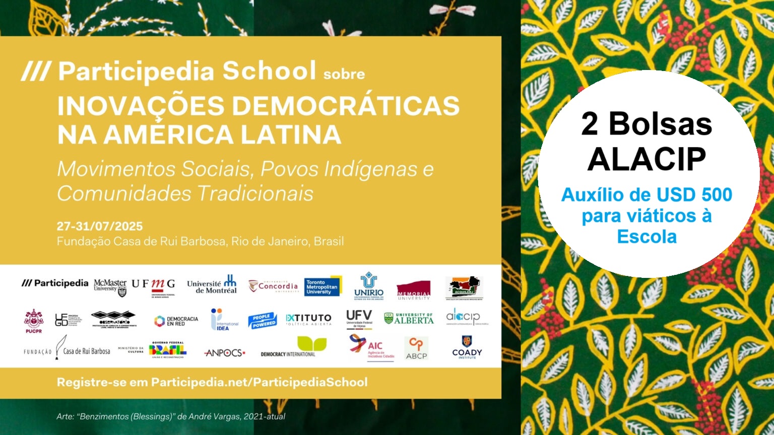 Divulgação de 2 Bolsas ALACIP para a Escola Participedia sobre “Inovações Democráticas na América Latina: Movimentos Sociais, Povos Indígenas e Comunidades Tradicionais” (Rio de Janeiro; BRA)