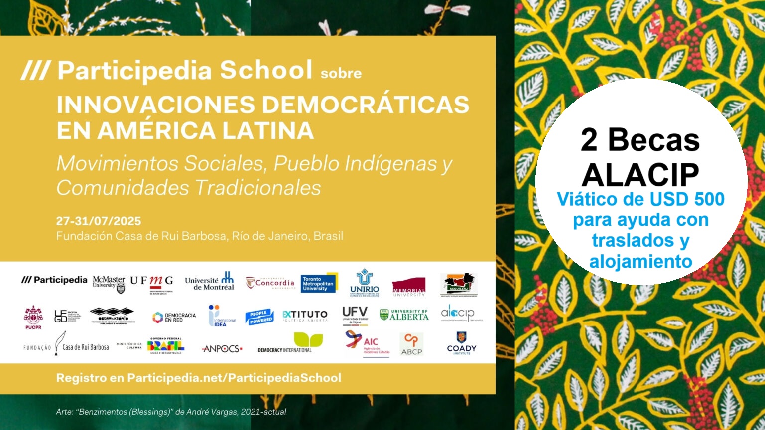 Difusión de 2 Becas ALACIP para la Escuela Participedia sobre “Innovaciones Democráticas en América Latina: Movimientos Sociales, Pueblos Indígenas y Comunidades Tradicionales” (Río de Janeiro; BRA)