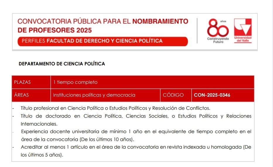 La Universidad del Valle (COL) abre dos plazas docentes de tiempo completo en el departamento de Ciencia Política
