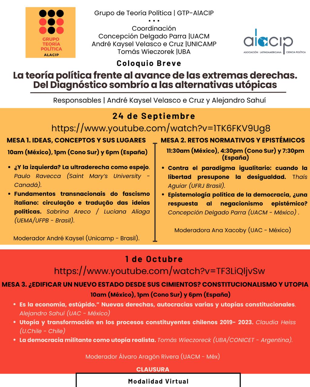 Coloquio “La teoría política frente al avance de las extremas derechas: Del diagnóstico sombrío a las alternativas utópicas” del Grupo de Teoría Política (GTP)-ALACIP (24/9 y 1/10)